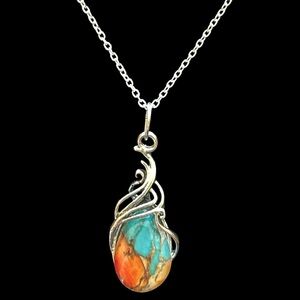 💥2/$24 or 3/$30💥 Silver Necklace with Turquoise and Orange Mosiac Stone. NWT